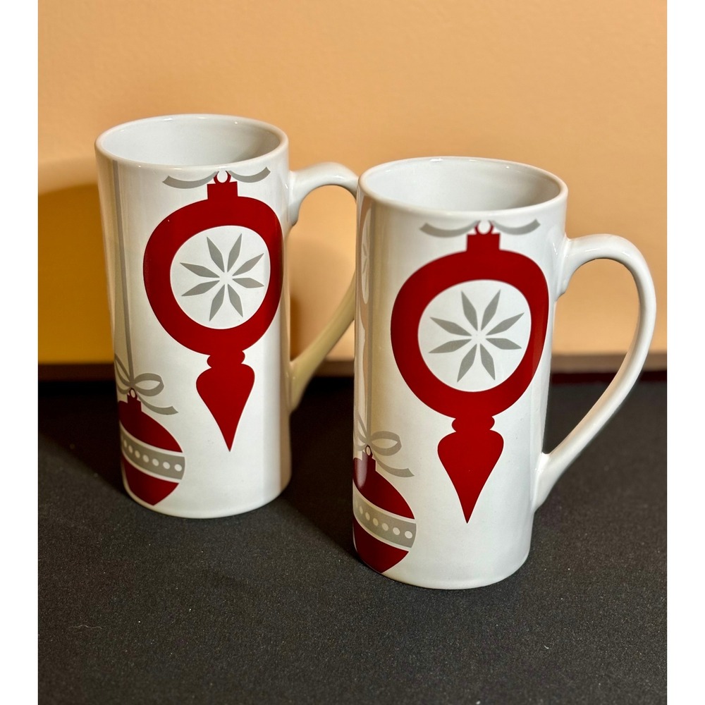Food Network Christmas Ornament Stoneware Mugs Set 2 Holiday Decor Tall Latte